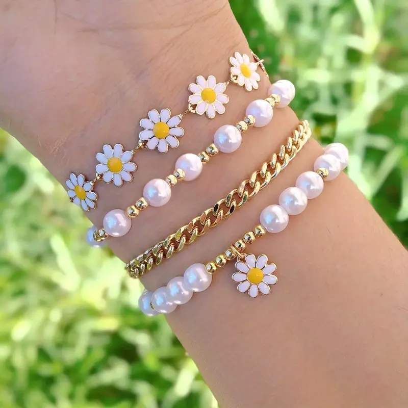 4 teile/satz Zarte Daisy Blume Charme & Faux Perle Kette Armband Legierung Hand Schmuck Geschenk