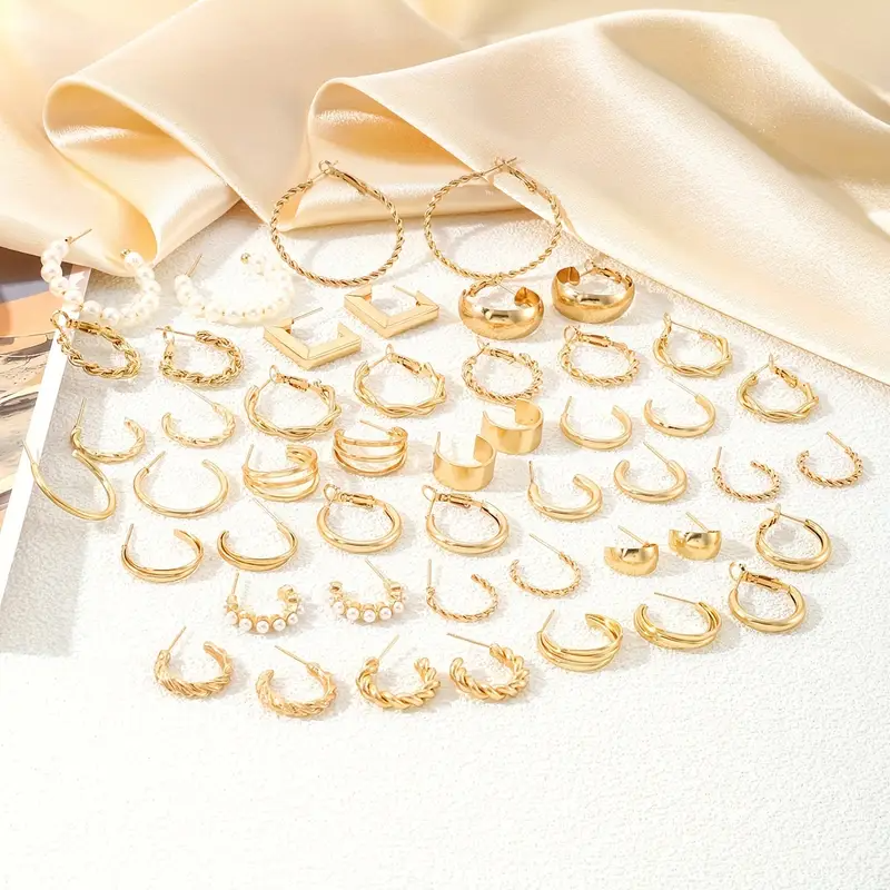 Set mit 48 modischen Damen-Ohrringen in Gold, im Retro-Punk-Stil mit künstlichen Perlen, ideal für täglichen Mix & Match, Freizeit, Partys oder als Urlaubsgeschenk