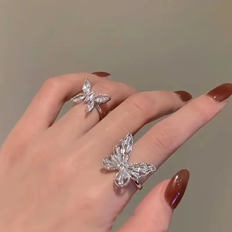 2er-Set Schmetterlings-Zirkonia-Ring Damen Leichter Luxus Mode Offener Verstellbarer Indexring