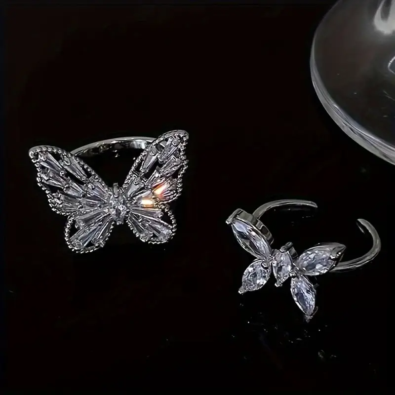2er-Set Schmetterlings-Zirkonia-Ring Damen Leichter Luxus Mode Offener Verstellbarer Indexring