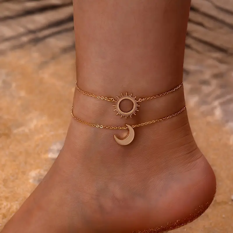 2er-Set einfache lässige Sonne-Mond-Ketten für den Knöchel im orientalischen Stil