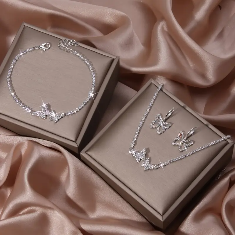 4-teiliges modisches Schmuckset für Damen mit Ohrringen, Halskette, Armband und Schmetterlingsanhänger - perfekt für Partys und Hochzeiten