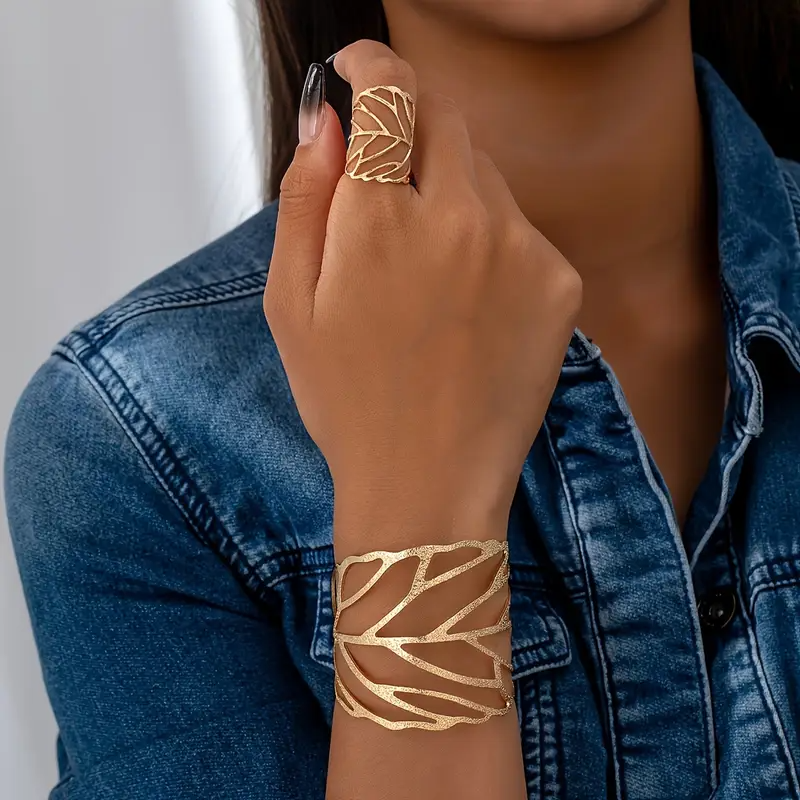 [Vintage Chic Schmuck Set] 2 Stück Vintage Chic Schmuck Set - Offenes Armreif & Ring Kombi für Casual Outfits