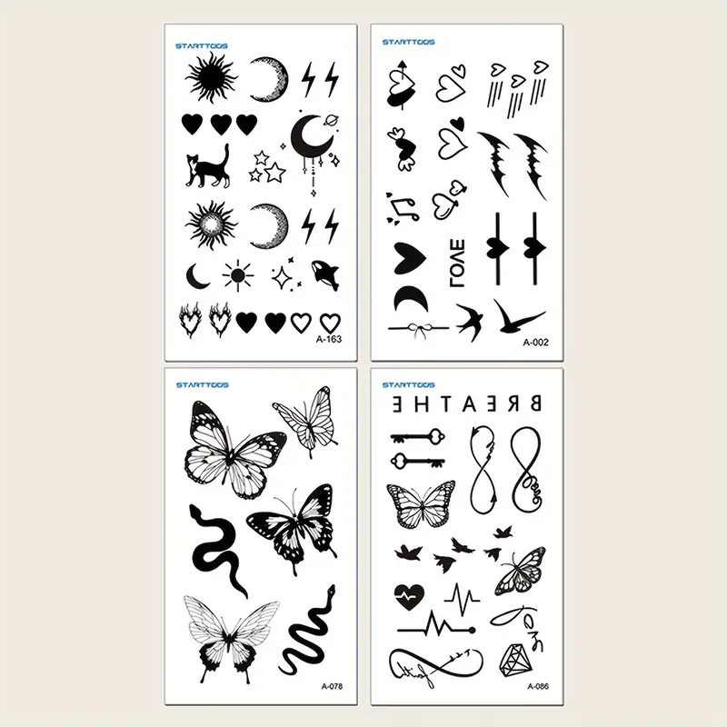 STARTTOOS 4 Stück Tattoo-Sticker – Temporäre Tattoos mit Schmetterling, Schlange, Herz, Blitz, Halbmond & BPM Motiven