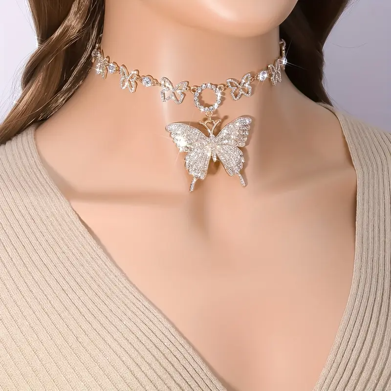 Kubanische Halskette voller Strasssteine, großer Schmetterling, handgefertigt, versilberter Halsschmuck für Frauen