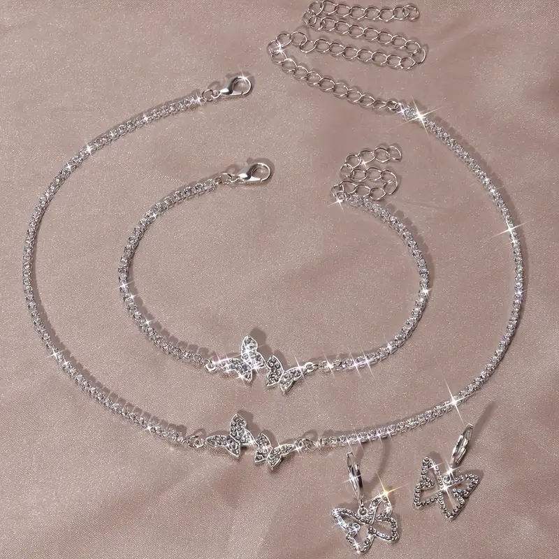 4-teiliges modisches Schmuckset für Damen mit Ohrringen, Halskette, Armband und Schmetterlingsanhänger - perfekt für Partys und Hochzeiten