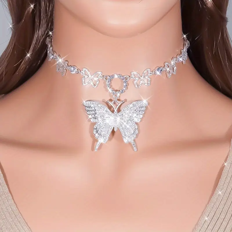 Kubanische Halskette voller Strasssteine, großer Schmetterling, handgefertigt, versilberter Halsschmuck für Frauen