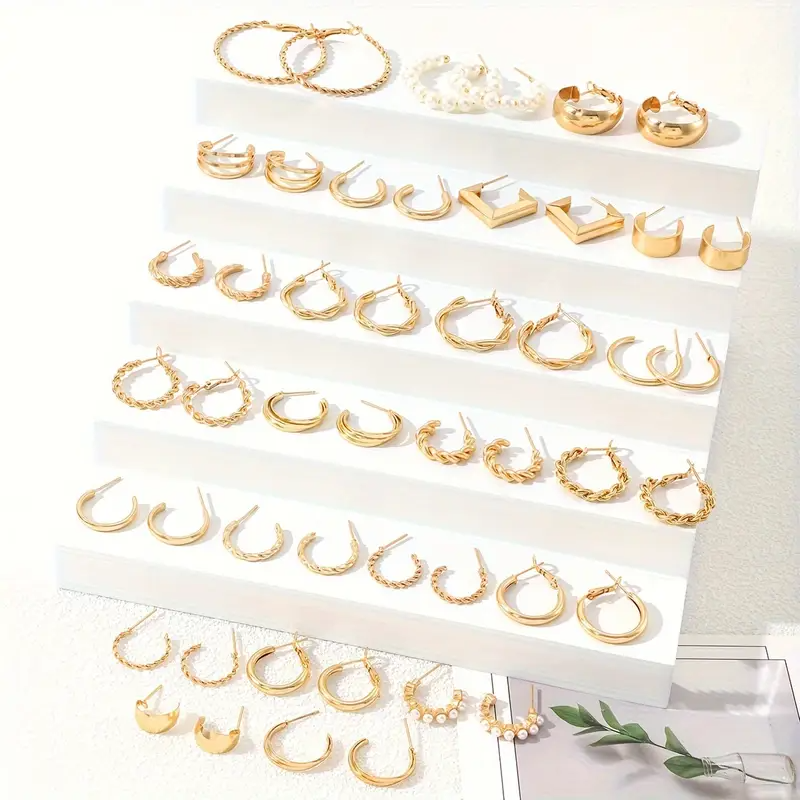 Set mit 48 modischen Damen-Ohrringen in Gold, im Retro-Punk-Stil mit künstlichen Perlen, ideal für täglichen Mix & Match, Freizeit, Partys oder als Urlaubsgeschenk