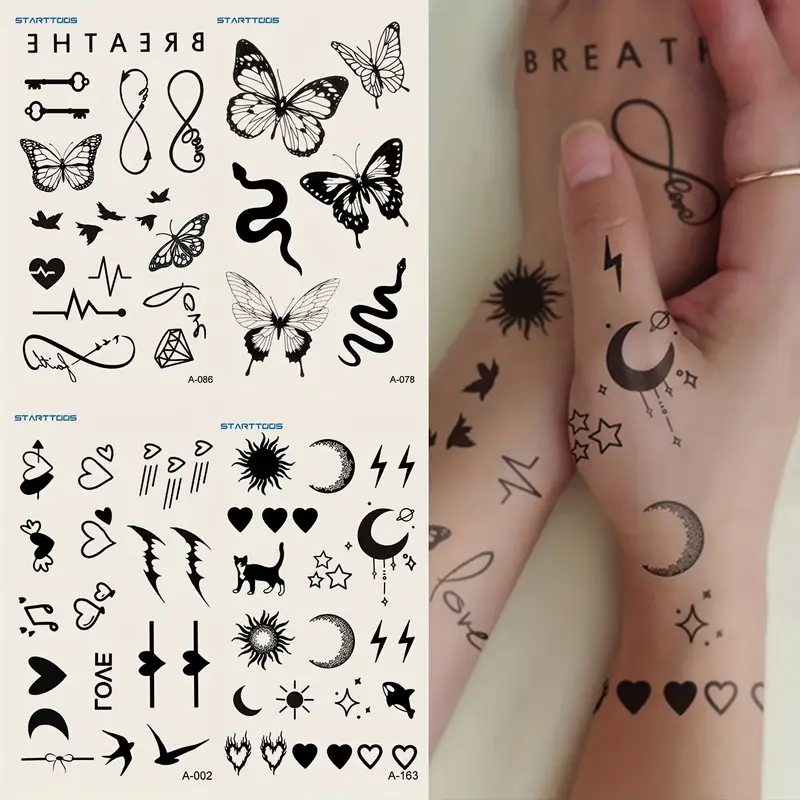 STARTTOOS 4 Stück Tattoo-Sticker – Temporäre Tattoos mit Schmetterling, Schlange, Herz, Blitz, Halbmond & BPM Motiven