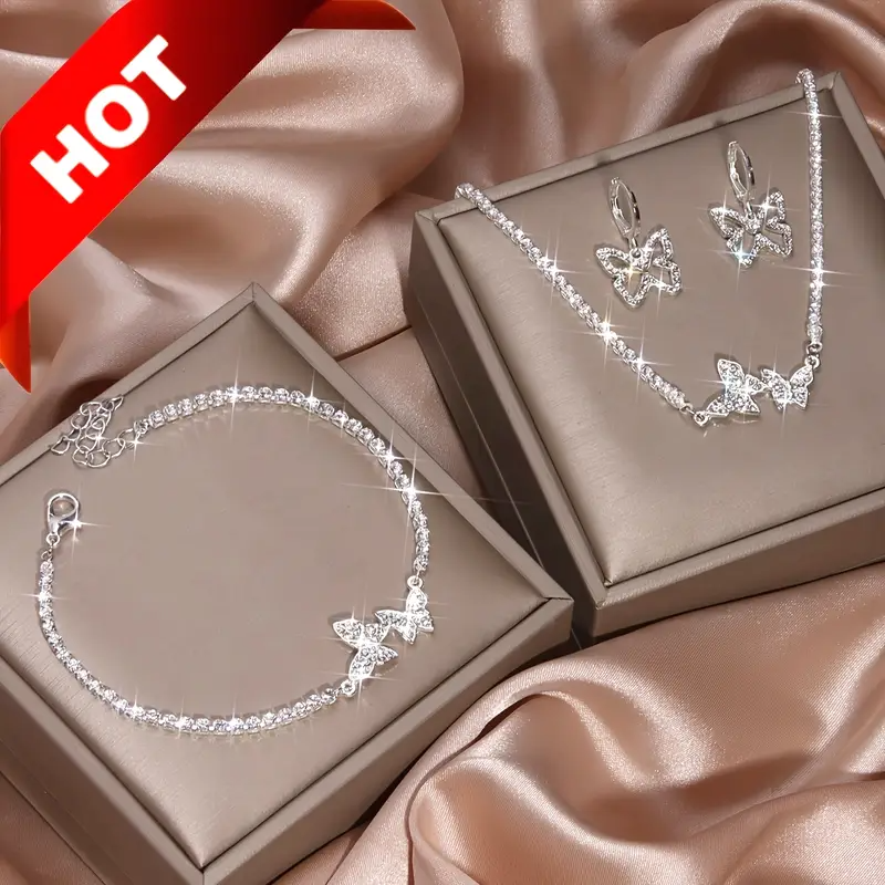 4-teiliges modisches Schmuckset für Damen mit Ohrringen, Halskette, Armband und Schmetterlingsanhänger - perfekt für Partys und Hochzeiten