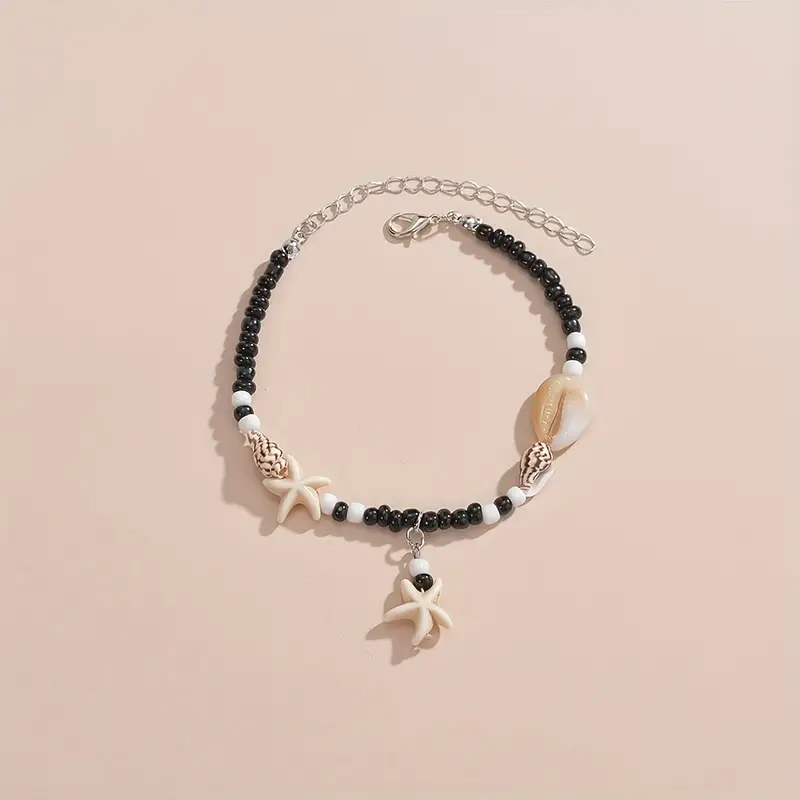Boho-Stil Harz Muschel Seestern Knöchelarmband mit schwarzen und weißen Perlen - Ideal für den täglichen Gebrauch und Strandurlaube