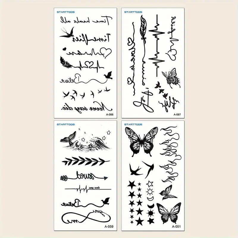 STARTTOOS 4er-Set Temporäre Tattoos - Schwarzer Herzschlag, Liebessprüche, Blumen- & Schmetterlingsdesigns für Finger, Handgelenke, Ohren - Hält 3-5 Tage