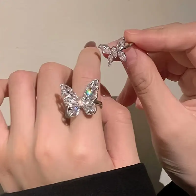 2er-Set Schmetterlings-Zirkonia-Ring Damen Leichter Luxus Mode Offener Verstellbarer Indexring