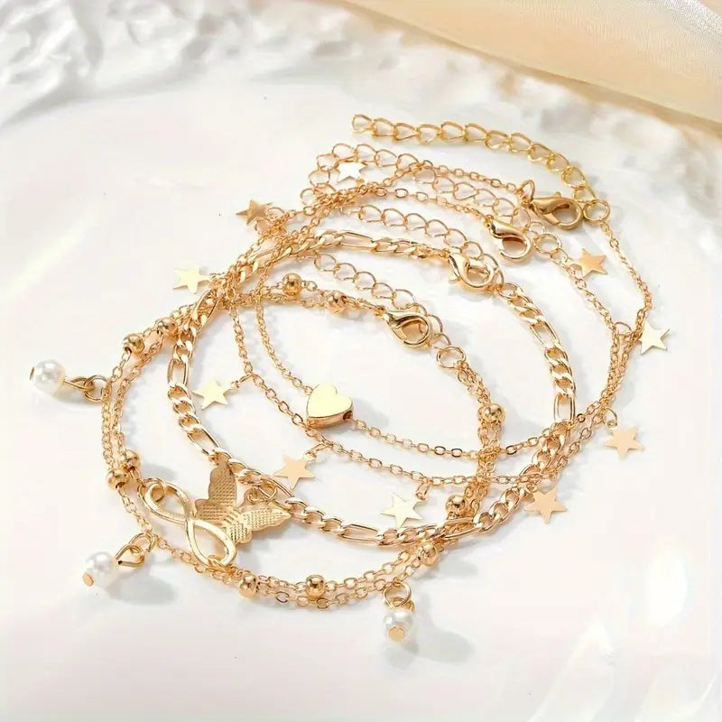 4er-Set Boho-Chic Fußkettchen mit Schmetterling, Perle, Stern