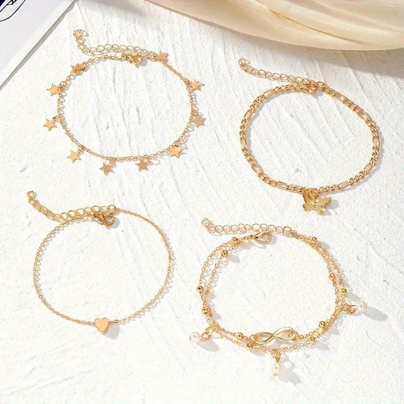 4er-Set Boho-Chic Fußkettchen mit Schmetterling, Perle, Stern