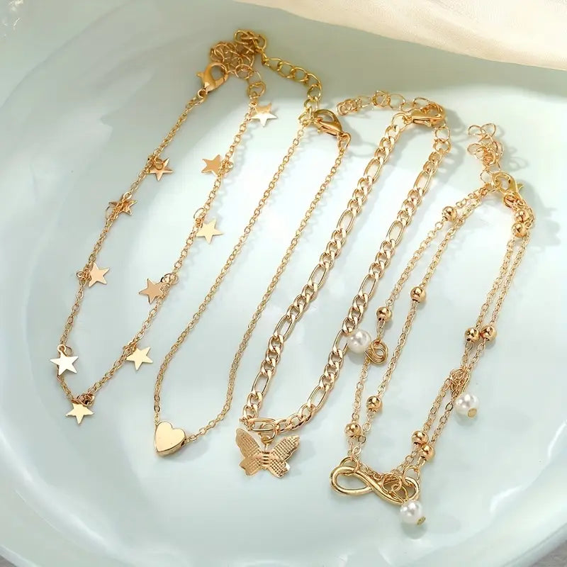 4er-Set Boho-Chic Fußkettchen mit Schmetterling, Perle, Stern
