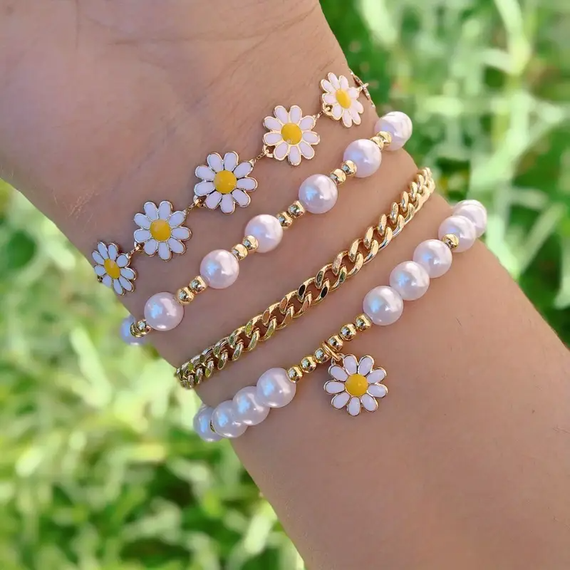 4 teile/satz Zarte Daisy Blume Charme & Faux Perle Kette Armband Legierung Hand Schmuck Geschenk